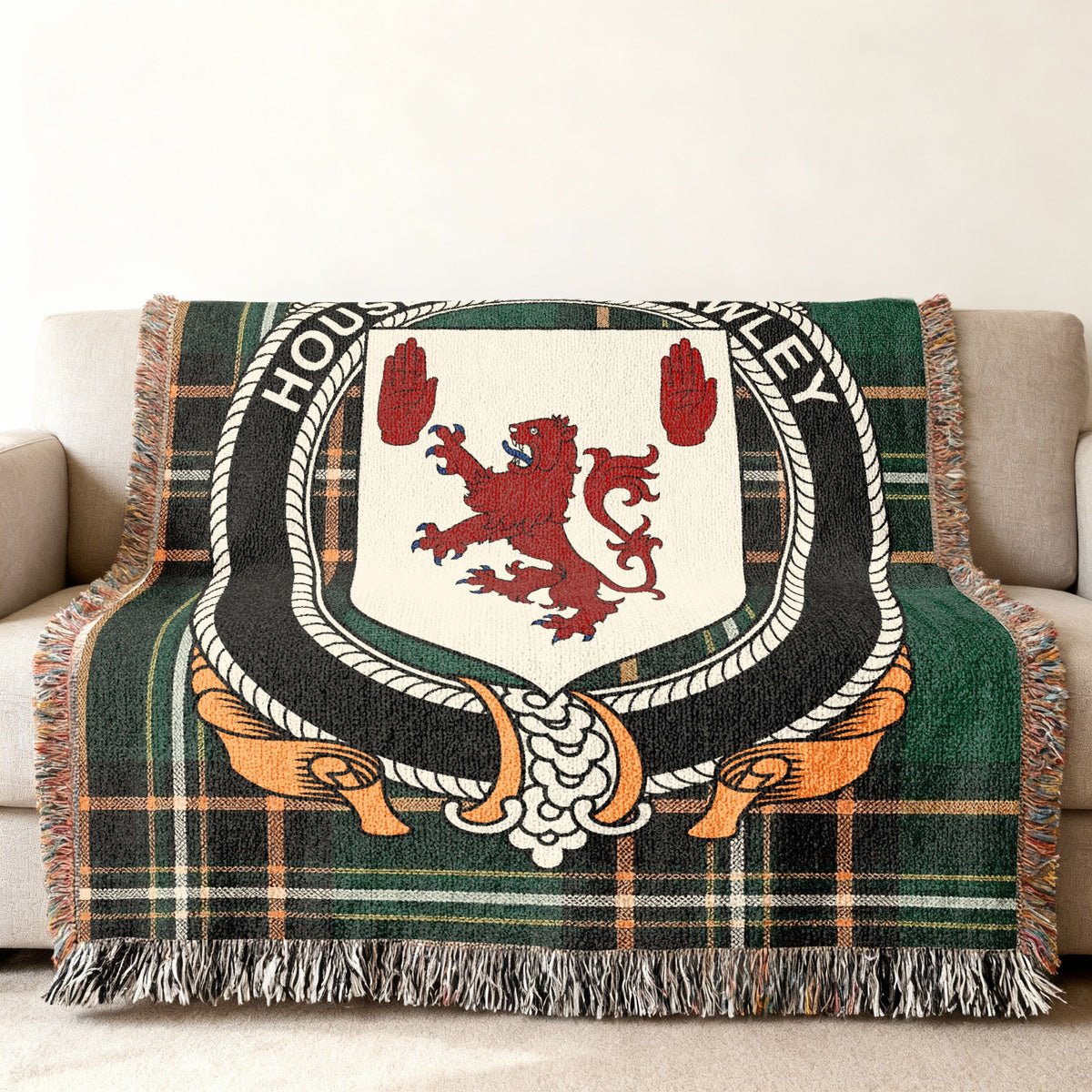 Macawley Irish National Tartan woven blanket displayed on a sofa
