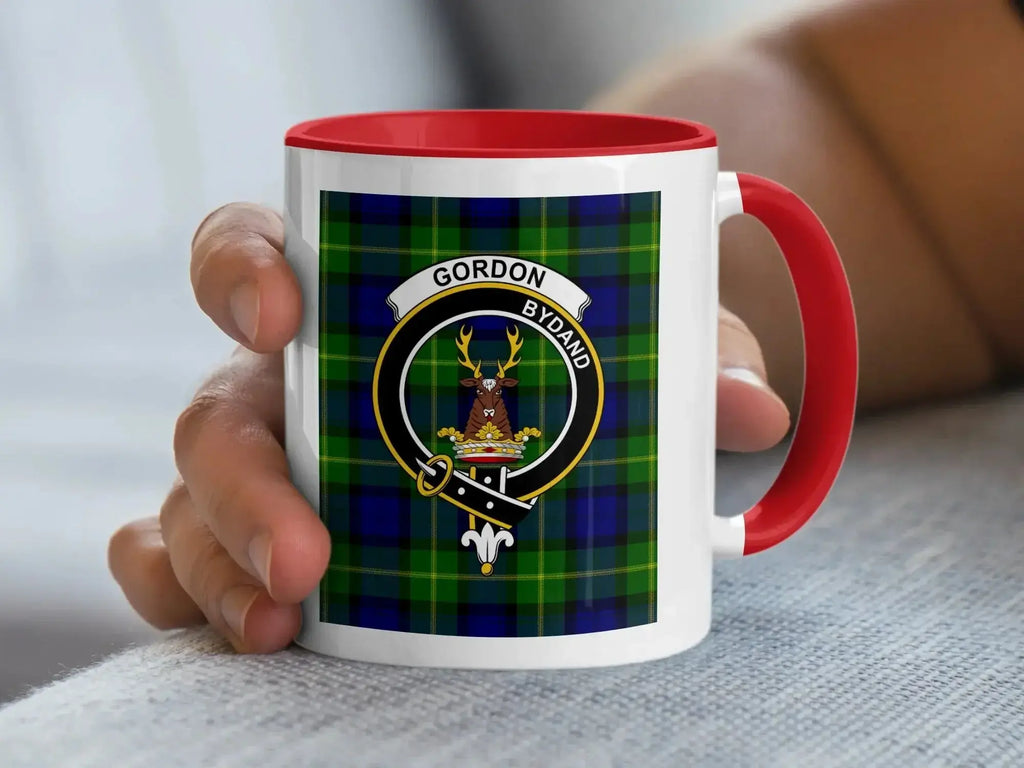Gordon clan tartan mug set showing all three colour options — black, navy, and red accents