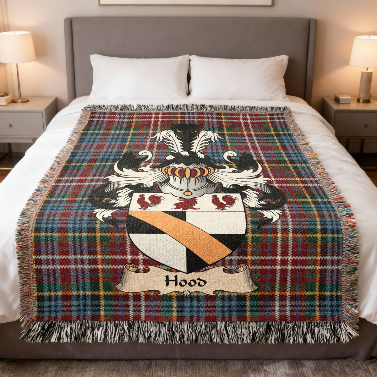 Hood Caledonia tartan heritage woven throw blanket with family shield