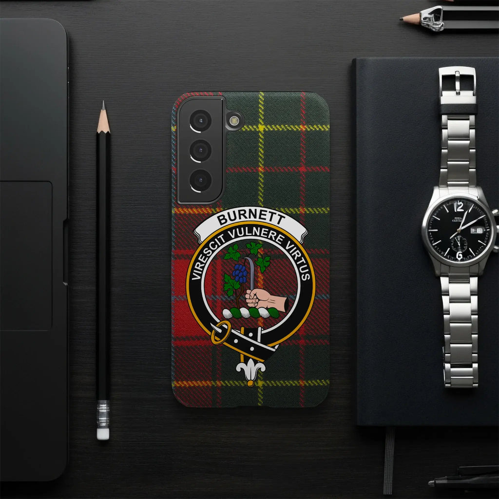 Burnett clan crest phone case — edge-to-edge tartan print, impact-resistant glossy
