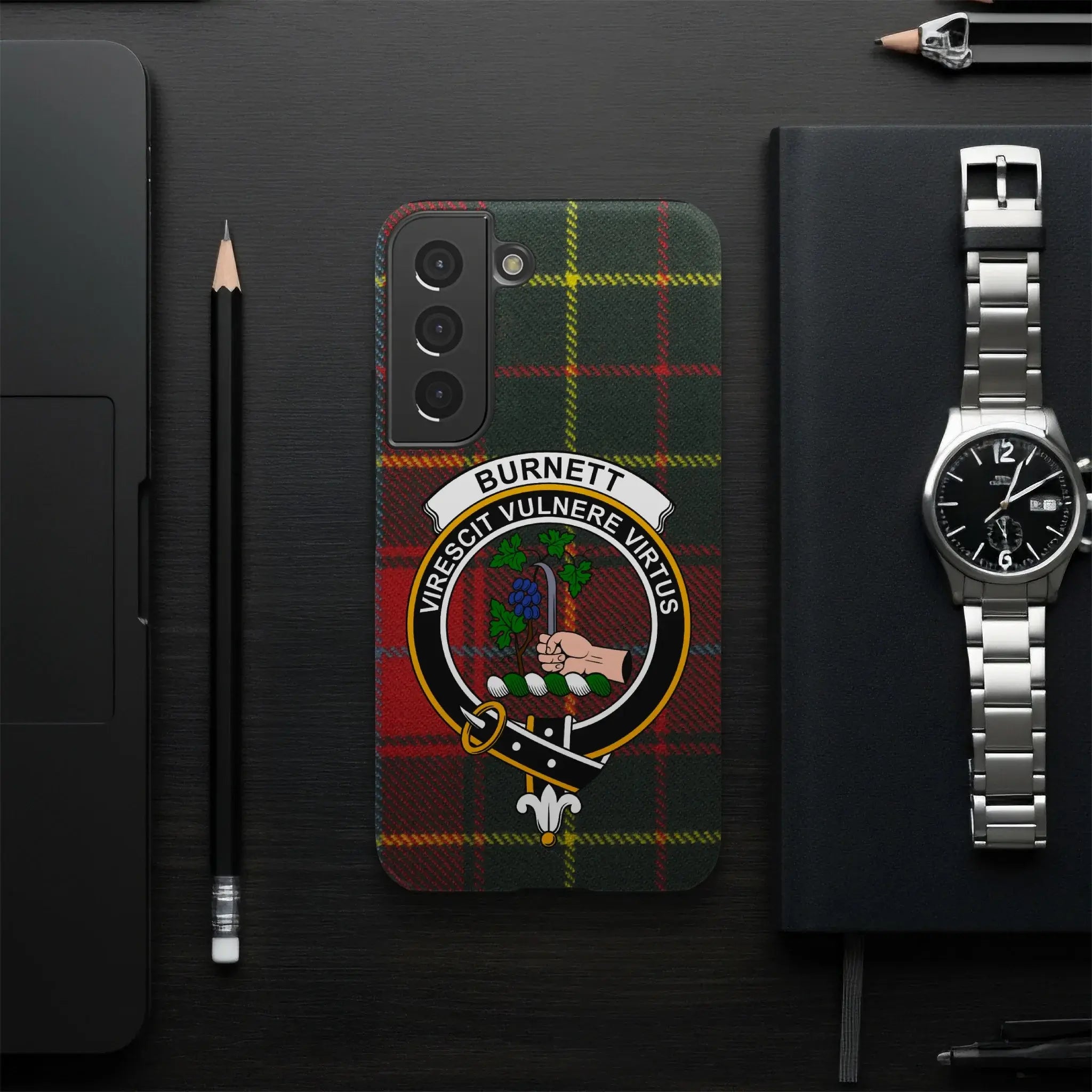 Burnett clan crest phone case — edge-to-edge tartan print, impact-resistant glossy
