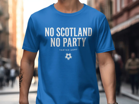 Blue t-shirt with "No Scotland No Party" and a soccer ball graphic.