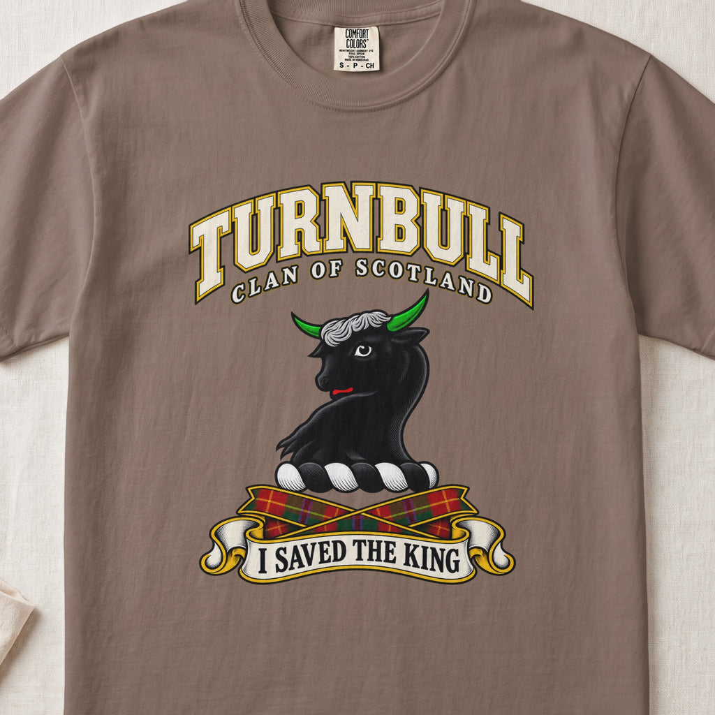 Turnbull Scottish clan T-shirt in Espresso, front view with a black bull head with green horns and motto banner.