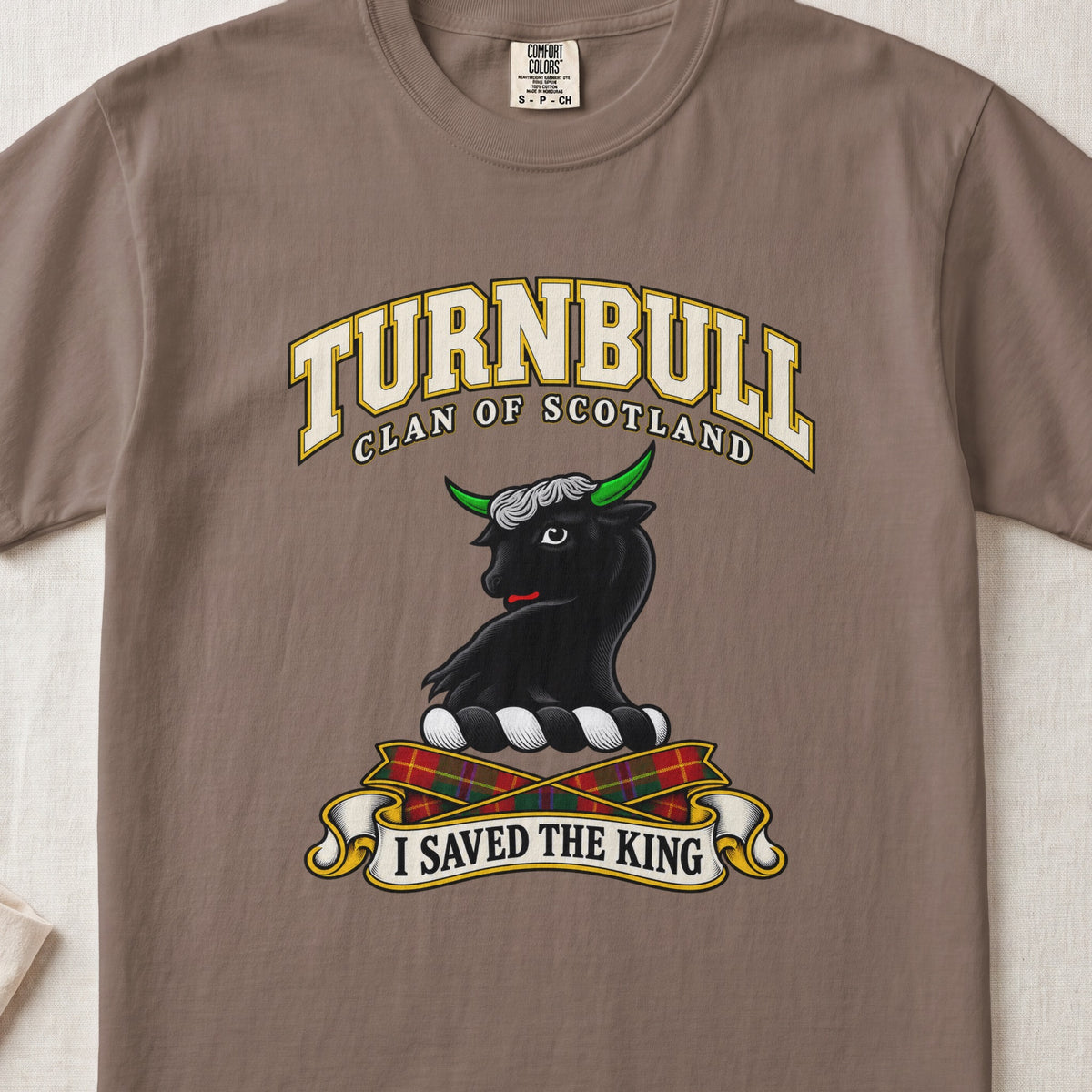 Turnbull Scottish clan T-shirt in Espresso, front view with a black bull head with green horns and motto banner.
