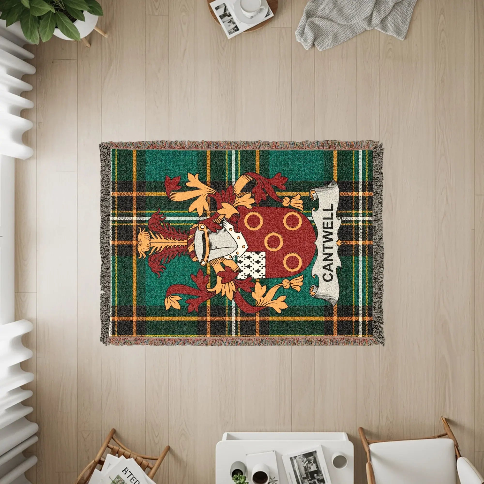 Cantwell Family Tartan Coat Arms Green Woven Blanket