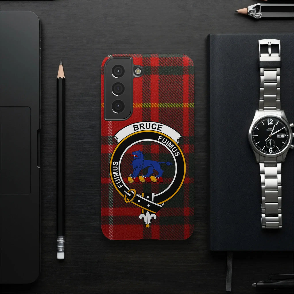 Bruce Fuimus tartan phone case on Samsung Galaxy — full heraldic crest wrap, glossy finish