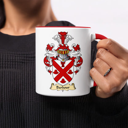 White mug with red handle, featuring a crest with the name "Barbour".