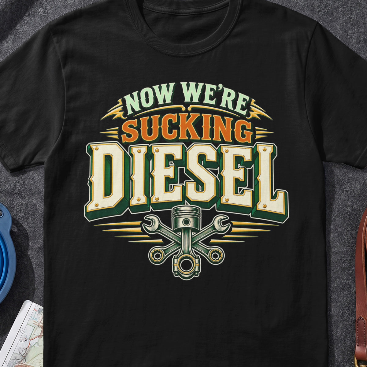 Now We're Sucking Diesel Irish graphic T-shirt in Black, flat-lay mockup