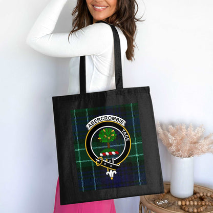 Abercrombie Clan Crest on Tartan Background Tote Bag - Living Stone Gifts