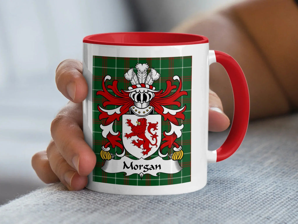 Morgan Welsh tartan accent mug with red handle featuring lion coat of arms