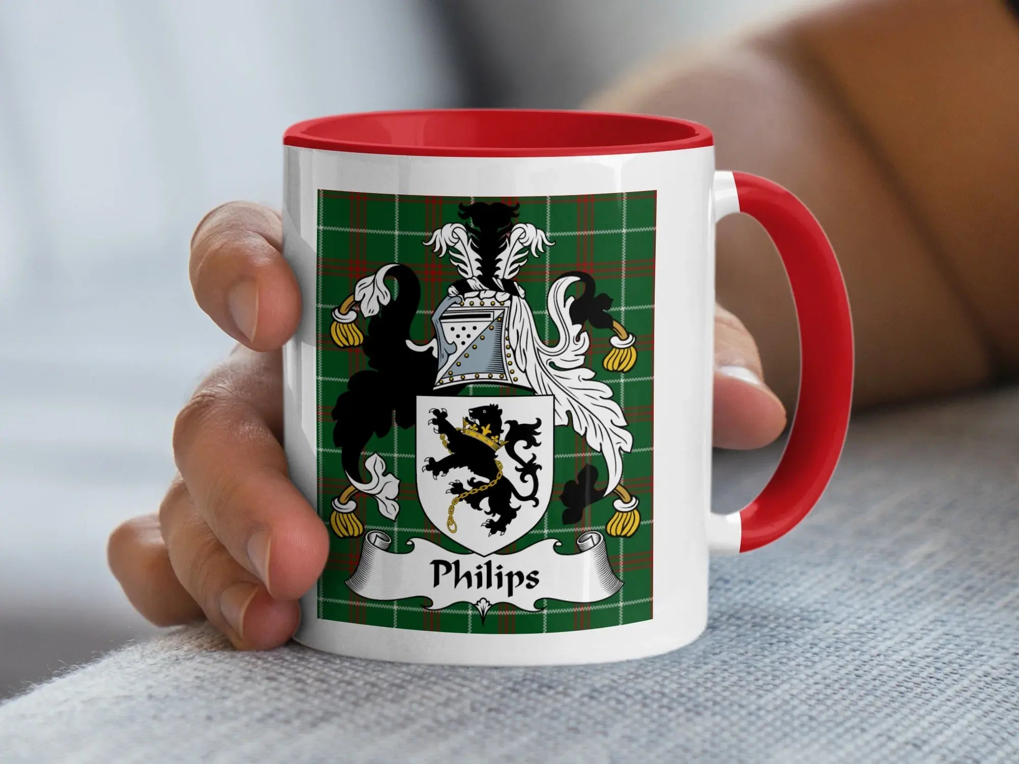 Philips Welsh tartan accent mug with red handle and heraldic crest on plaid