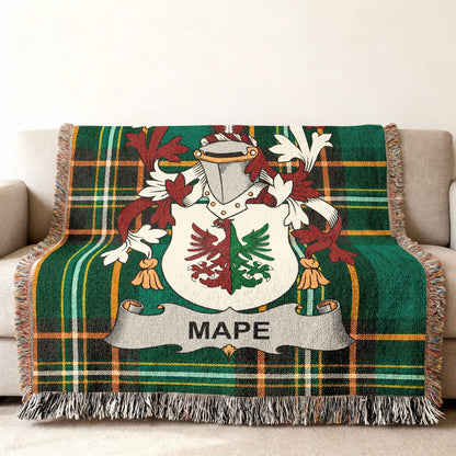 Green plaid throw blanket featuring the "MAPE" family crest.