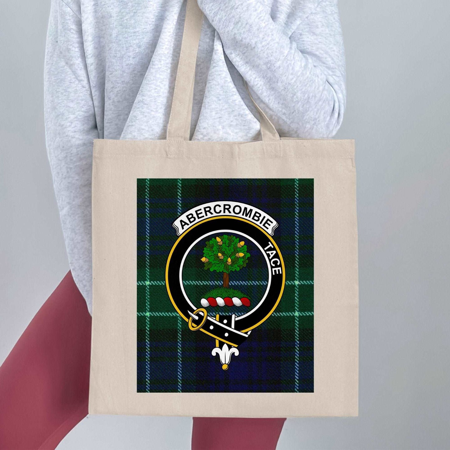 Abercrombie Clan Crest on Tartan Background Tote Bag - Living Stone Gifts