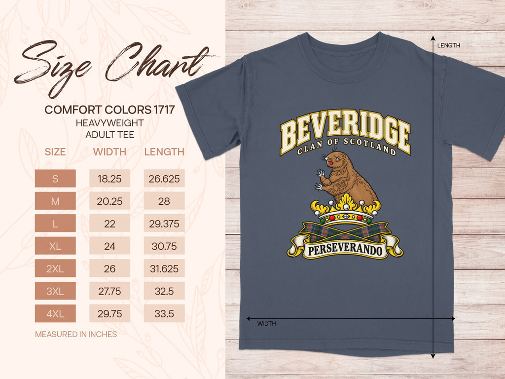 Comfort Colors 1717 size chart for the Beveridge Scottish clan T-shirt, adult sizes S–4XL.