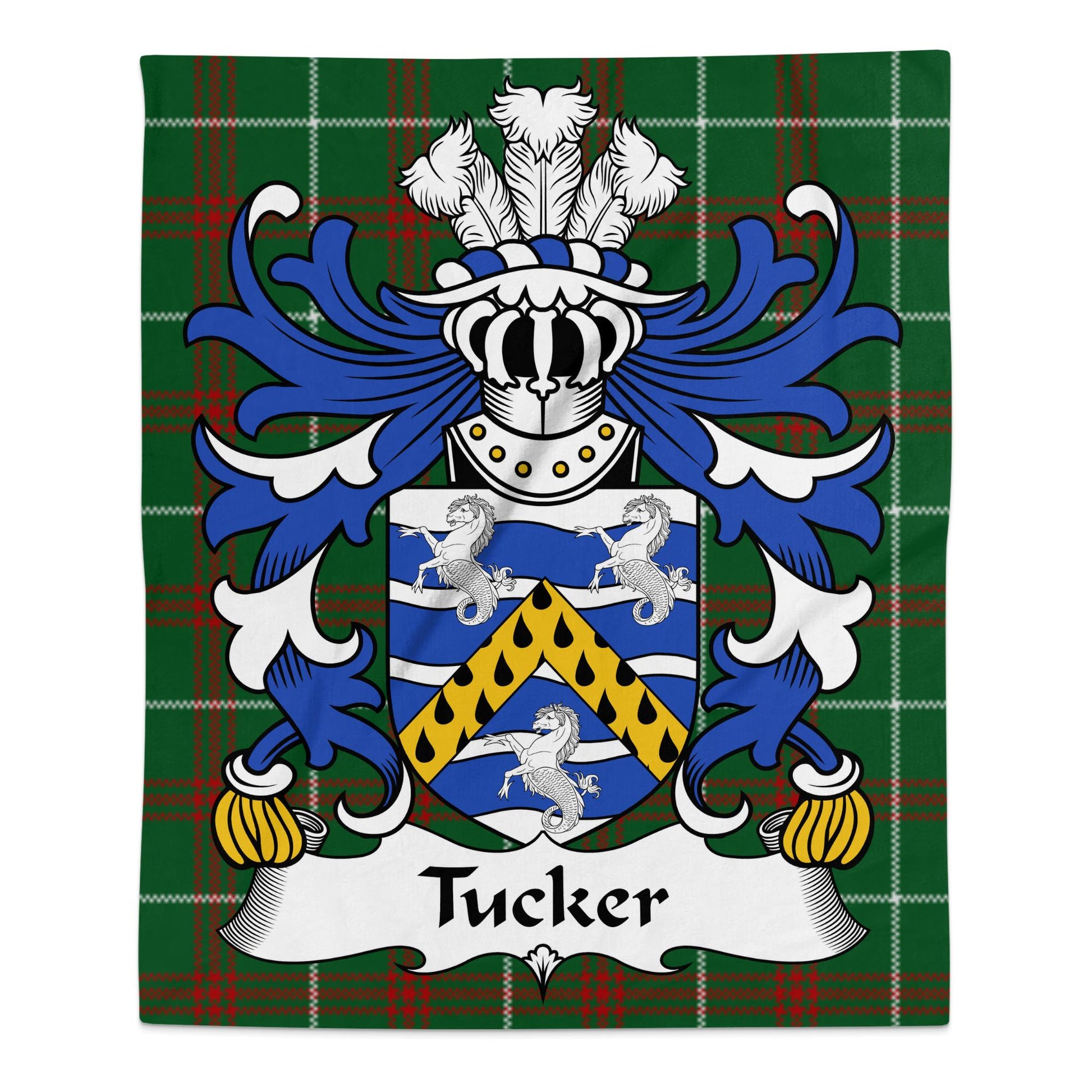 Tucker Family Coat of Arms on Welsh Tartan Background Blanket - Living Stone Gifts