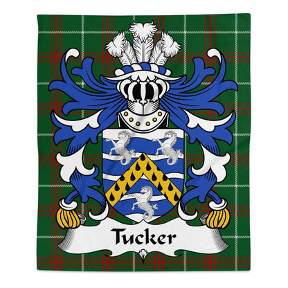 Tucker Family Coat of Arms on Welsh Tartan Background Blanket - Living Stone Gifts