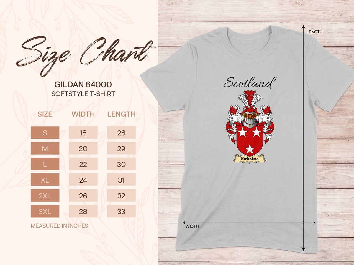 Gildan 64000 size chart for the Kirkaldie unisex T-shirt, sizes S to 3XL