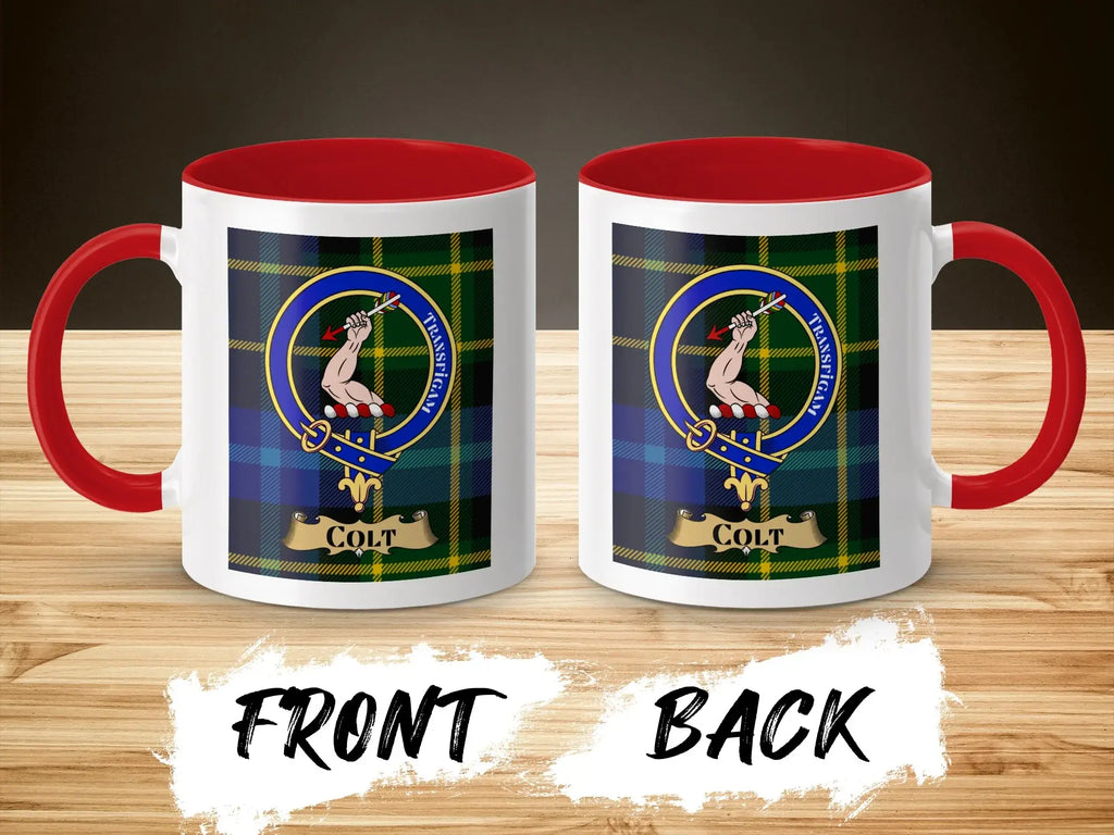 Colt tartan-background crest mug shown as a Scottish heritage gift
