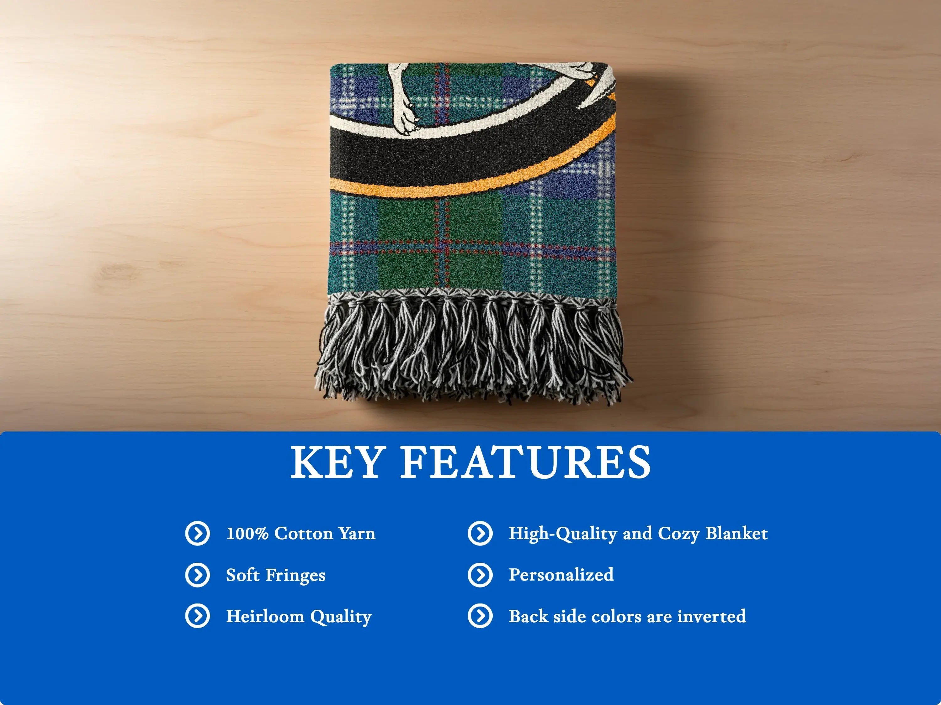 Clan Riddell woven blanket close-up — fringe border detail and cotton weave texture