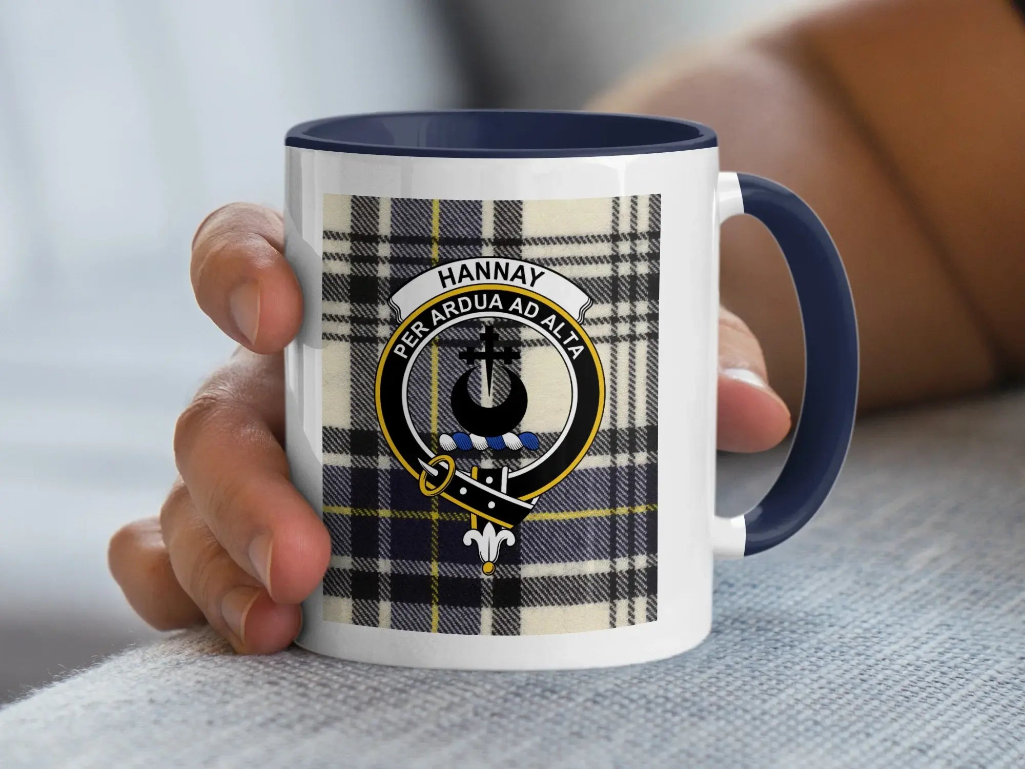 Clan Hannay tartan accent mug with black handle — 11oz ceramic Scottish heritage coffee cup