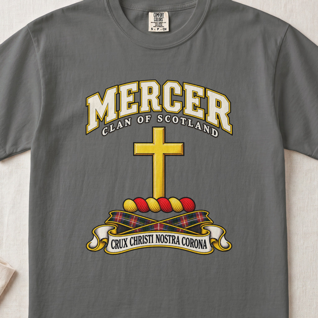 Mercer Scottish clan T-shirt in Pepper, front view with a golden cross and motto design.