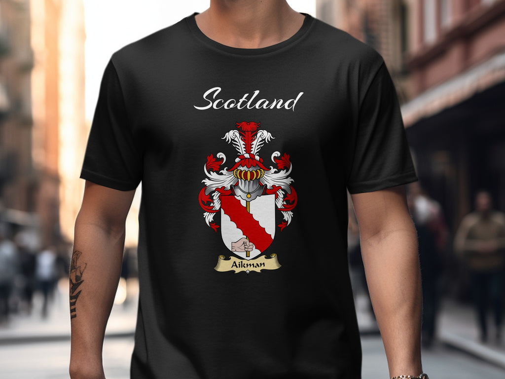 Aikman Scottish family shield design on Black T-shirt