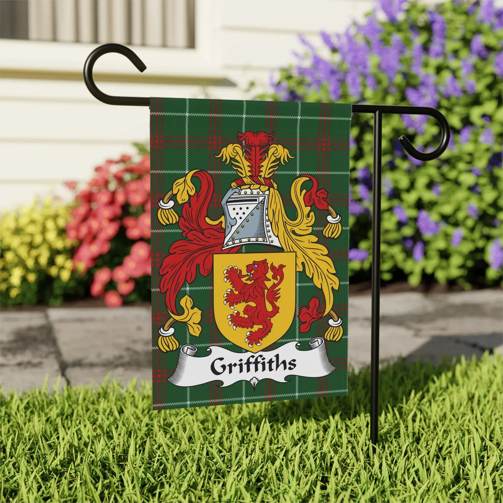 Griffiths family crest on a tartan garden flag.