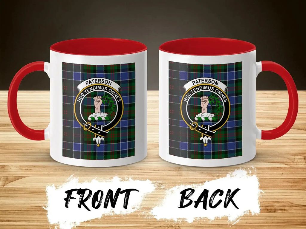 Clan Paterson Huc Tendimus Omnes tartan mug — glossy ceramic, navy accent handle, 11 oz