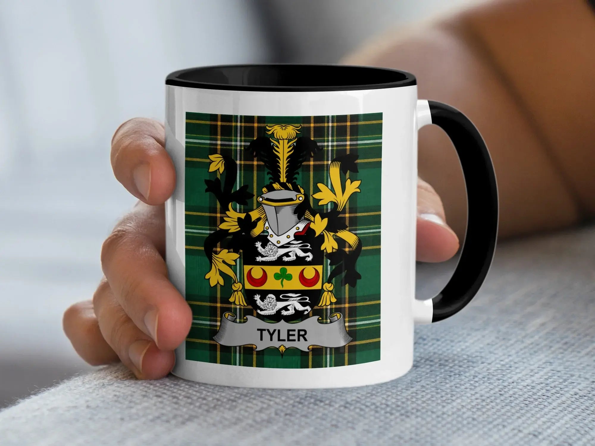 Mug with green plaid and coat of arms bearing the name "Tyler".