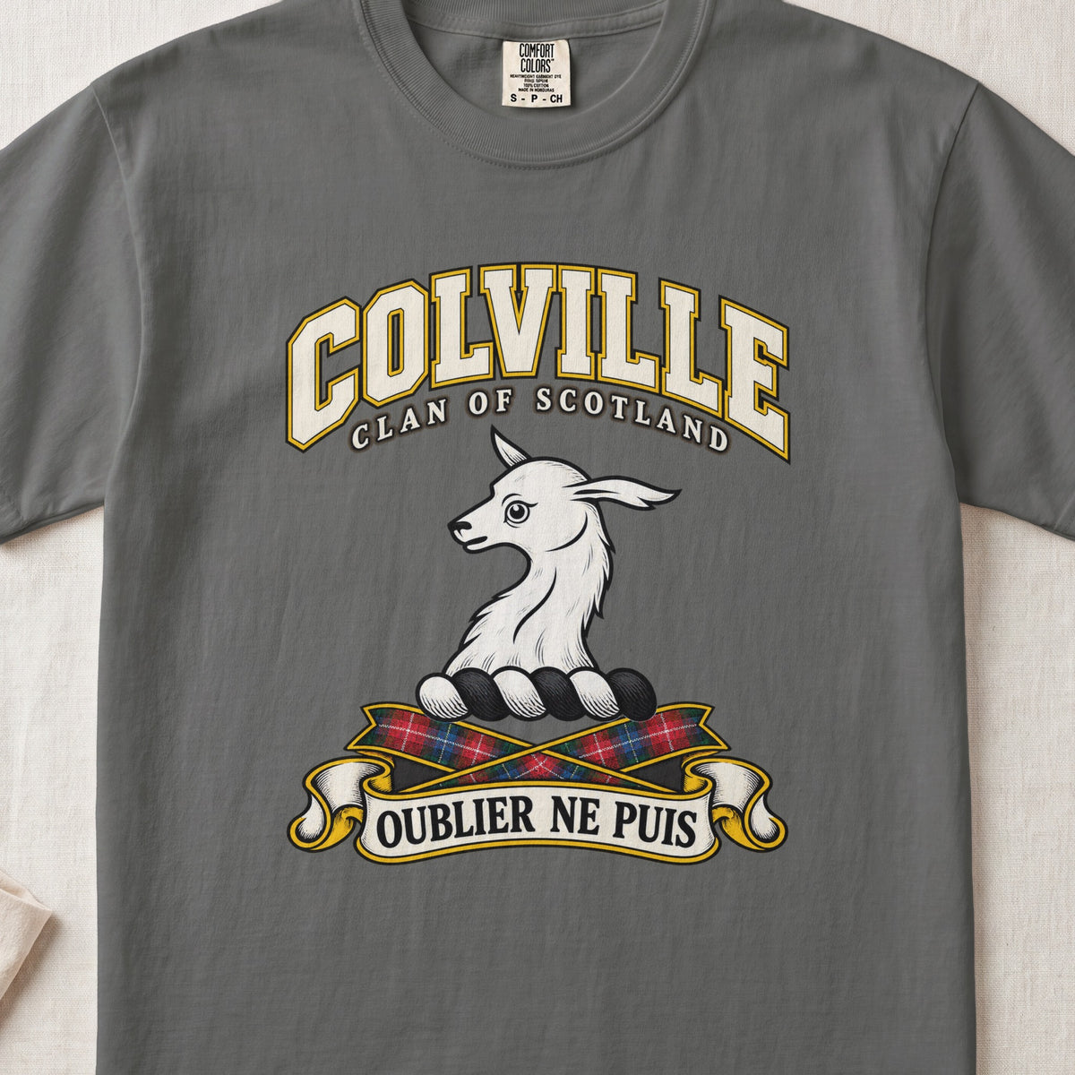 Colville Scottish clan T-shirt in Pepper, front view with a white animal head and motto design.