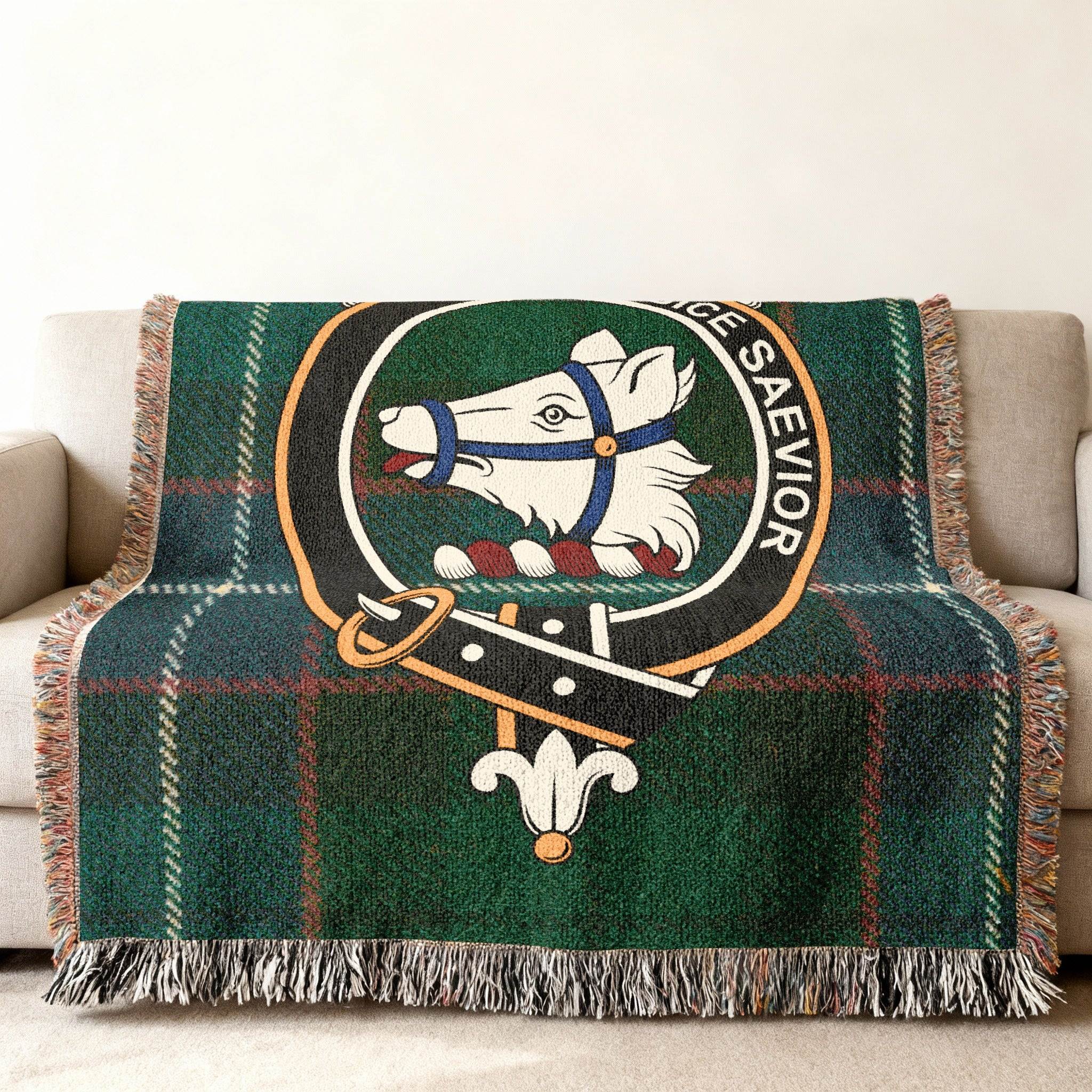 Galbraith tartan woven blanket — close-up of clan crest and tartan weave pattern