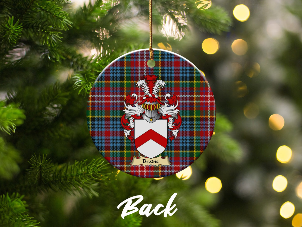 Double-sided Bradie ceramic ornament with family shield and Caledonia tartan background