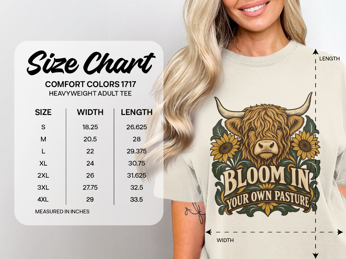 Comfort Colors 1717 size chart, S–4XL, for the Bloom in Your Own Pasture Highland cow T-shirt