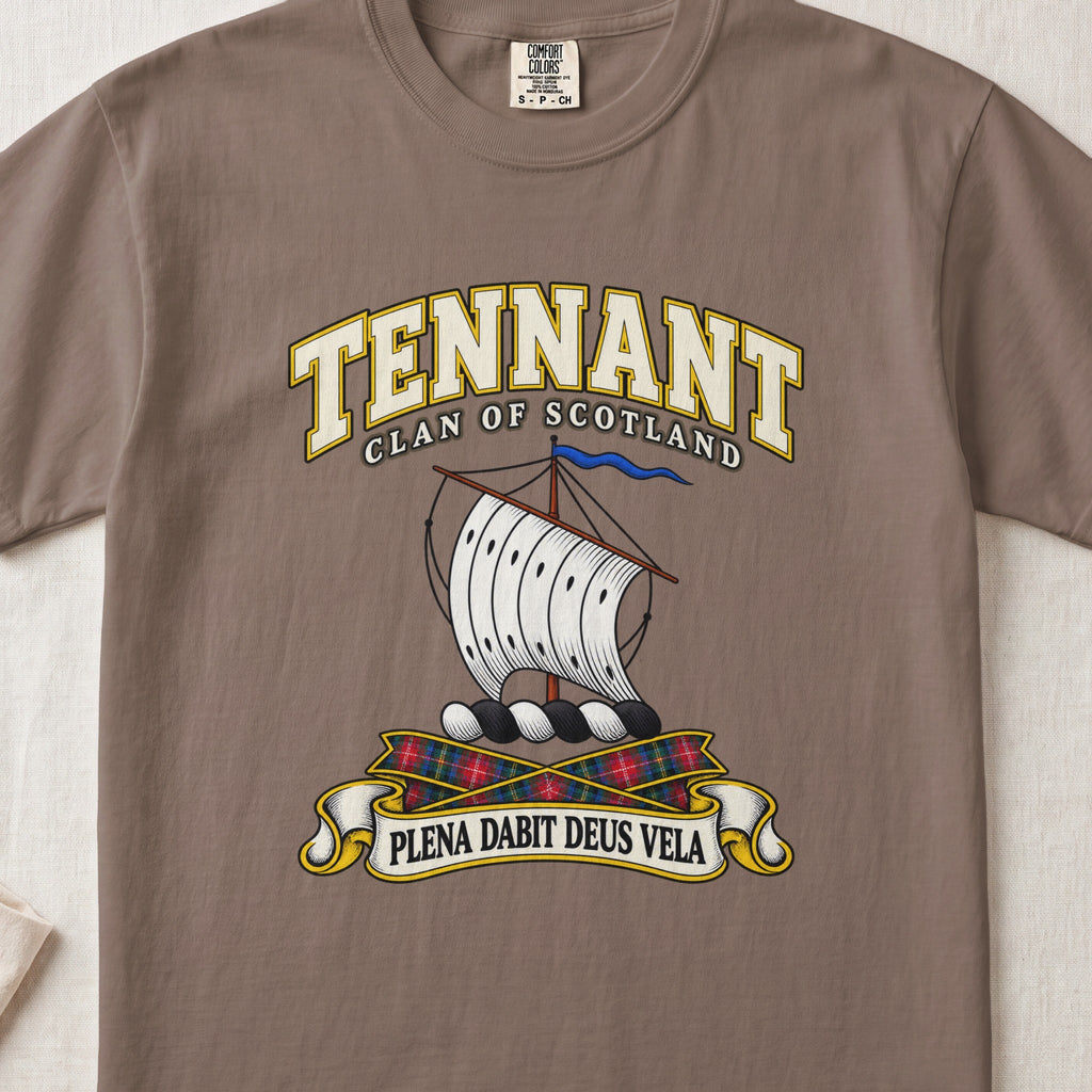 Tennant Scottish clan T-shirt in Espresso, front view with a white sail and blue pennant and motto design.