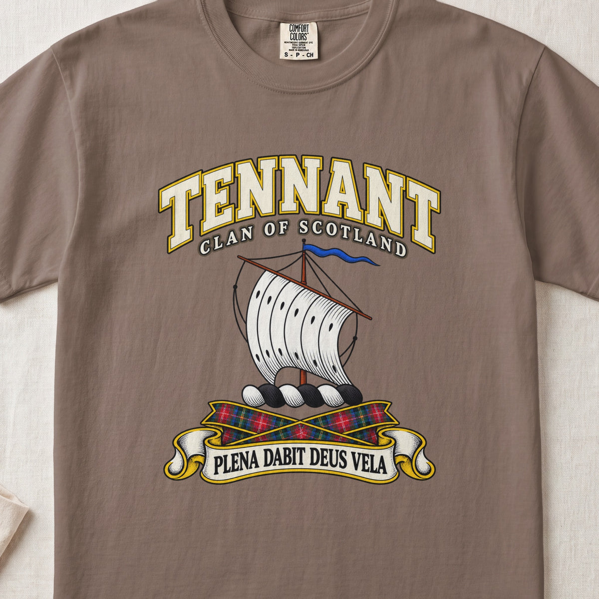 Tennant Scottish clan T-shirt in Espresso, front view with a white sail and blue pennant and motto design.