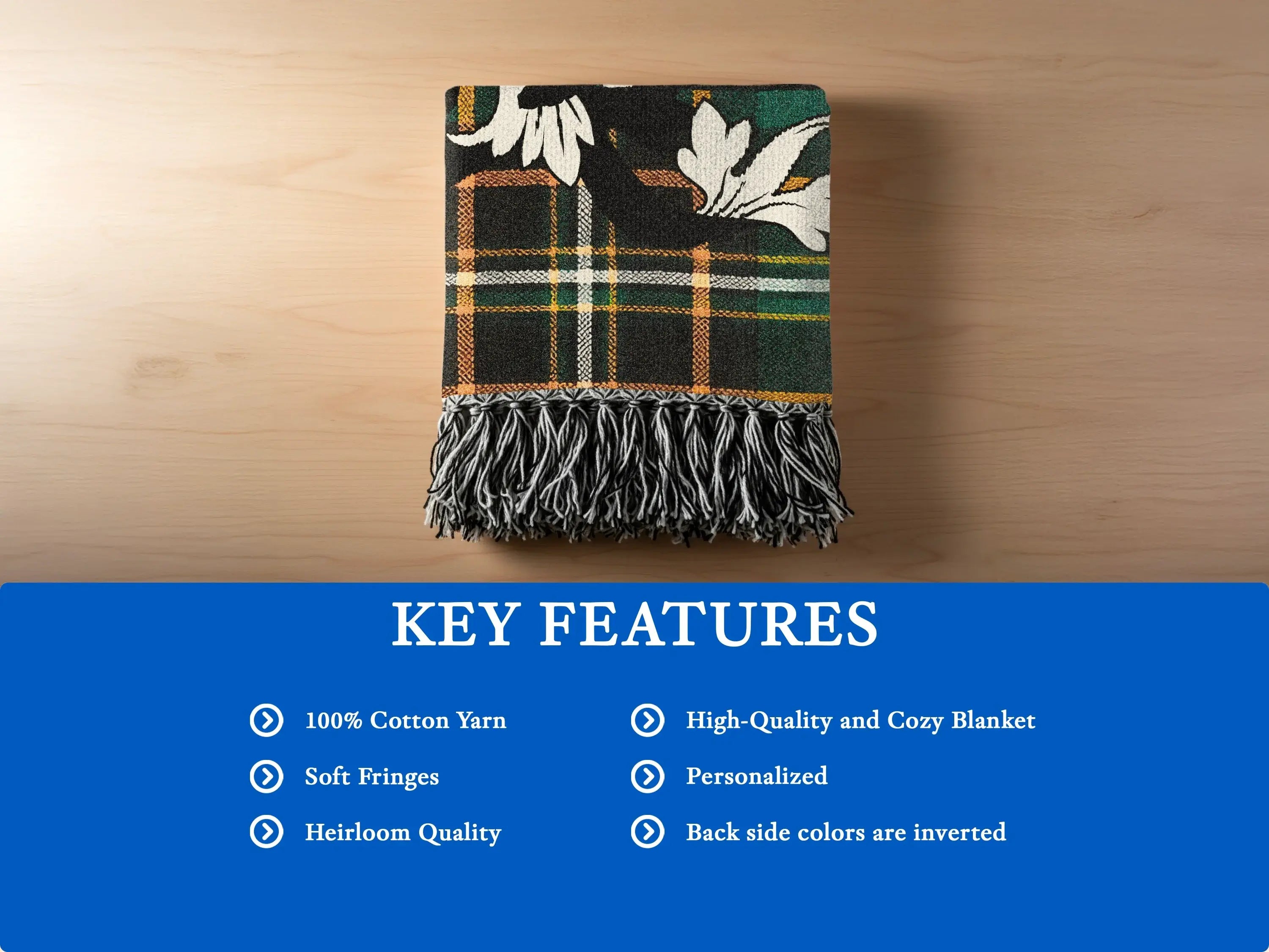 Plaid throw blanket with white floral pattern and fringe, featuring key features list.