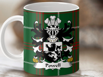 Powell Coat of Arms on Welsh National Tartan Background Mug - Living Stone Gifts