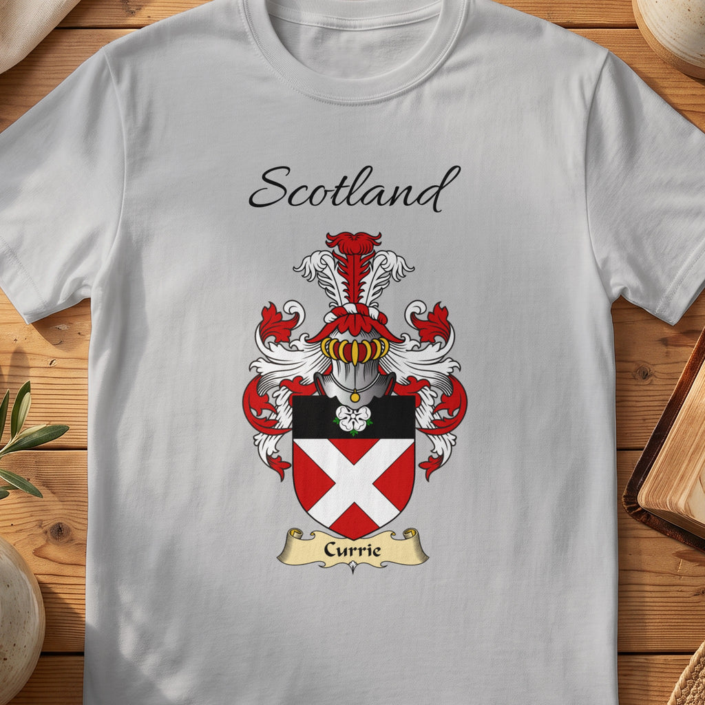 Sport Grey Currie Scottish family shield T-shirt featuring a white diagonal cross on red
