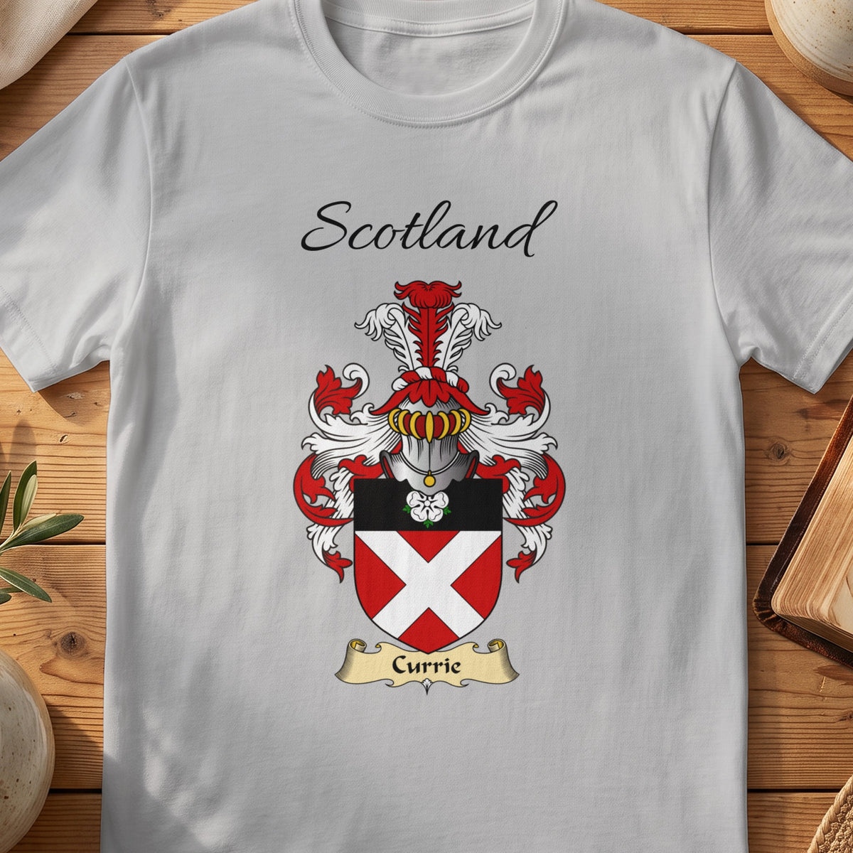 Sport Grey Currie Scottish family shield T-shirt featuring a white diagonal cross on red
