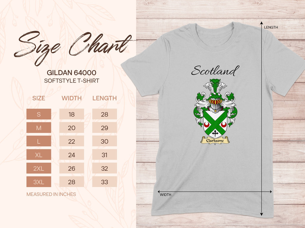 Gildan 64000 size chart for the Clarksone unisex T-shirt, sizes S to 3XL