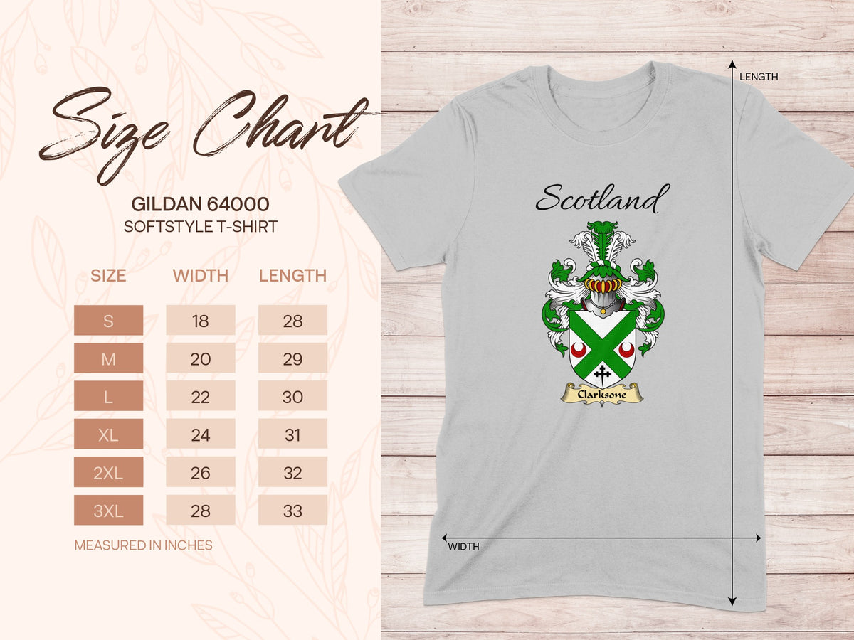 Gildan 64000 size chart for the Clarksone unisex T-shirt, sizes S to 3XL