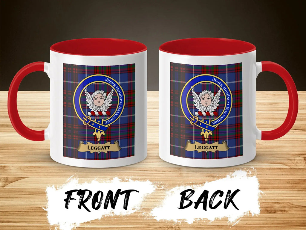 Leggatt tartan-background crest mug shown as a Scottish heritage gift