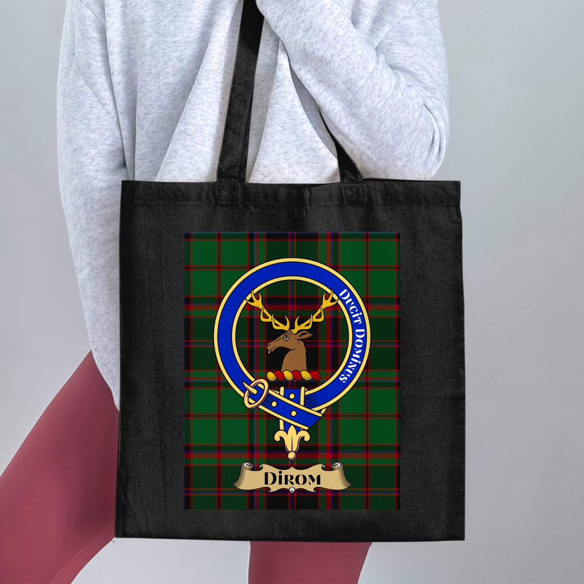 Dirom Clan Crest on Scottish Tartan Tote Bag - Living Stone Gifts