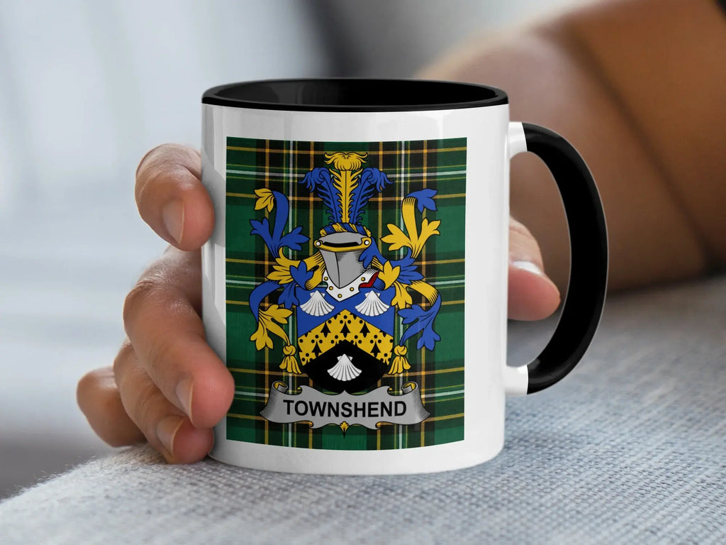 White mug with black rim displaying a Scottish tartan and the Townshend family crest.