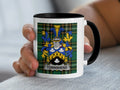 White mug with black rim displaying a Scottish tartan and the Townshend family crest.