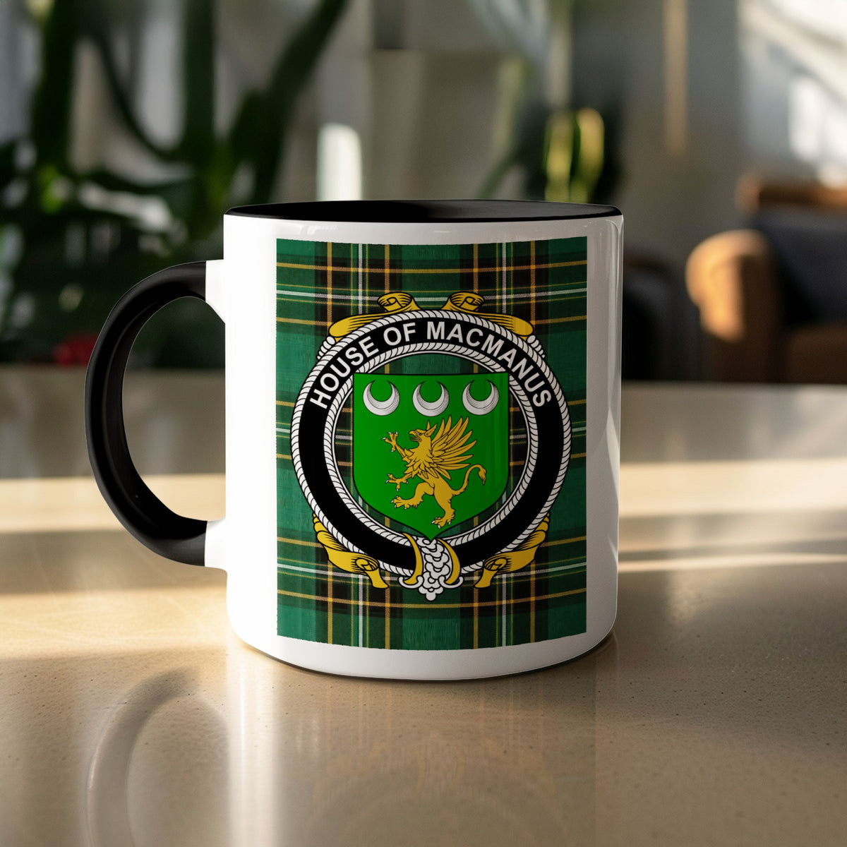 McManus surname accent mug displayed with Irish National Tartan design