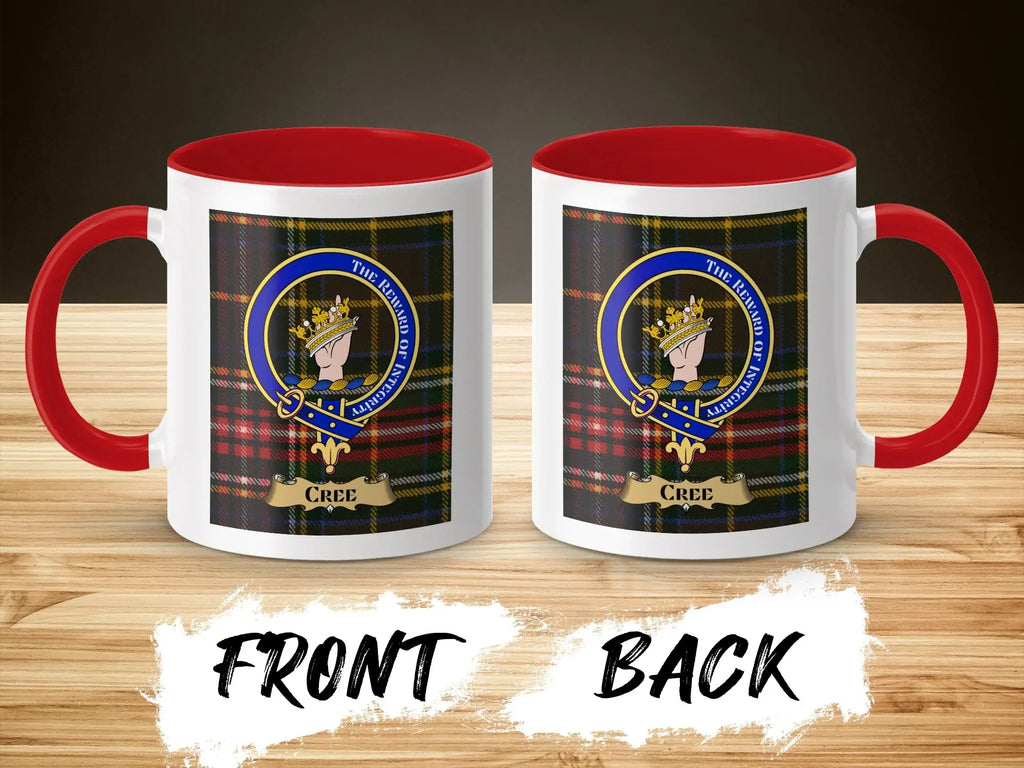 Cree tartan-background crest mug shown as a Scottish heritage gift