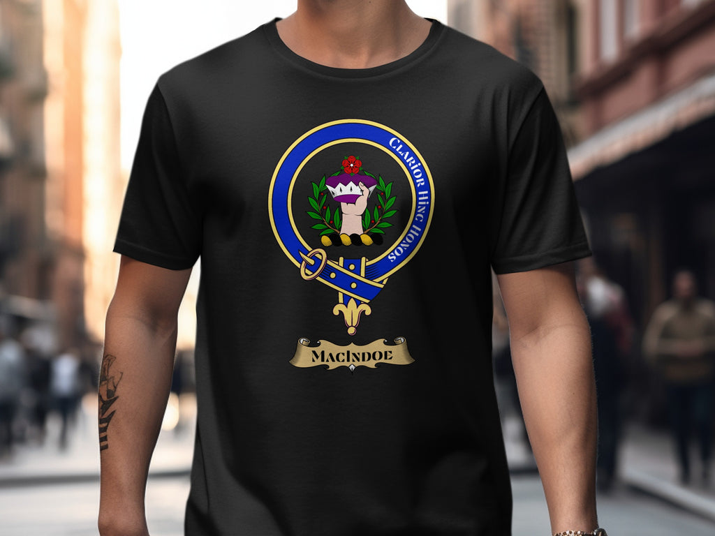 MacIndoe Scottish clan crest design on black T-shirt