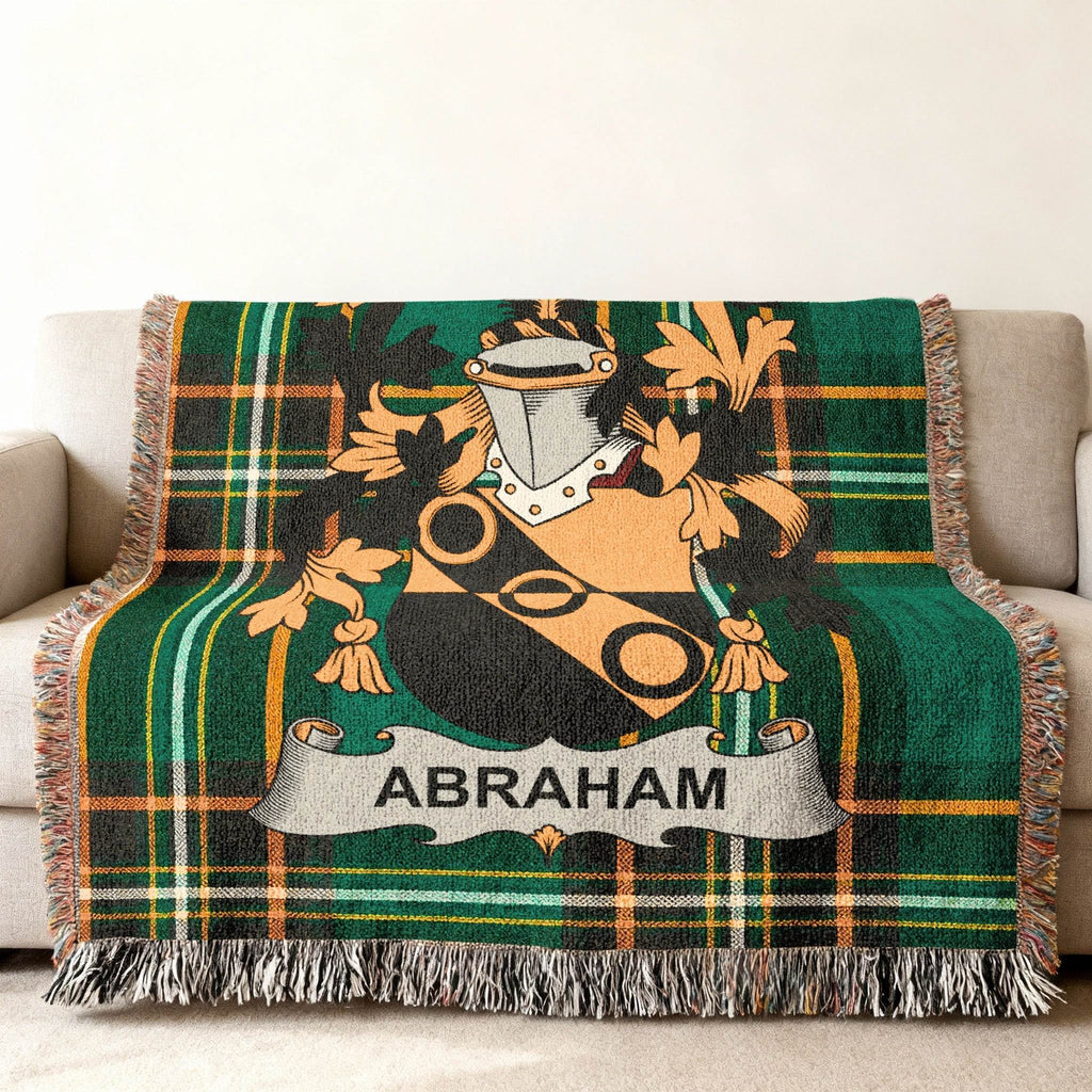 Abraham family name woven cotton blanket in Irish National Tartan with fringed edges