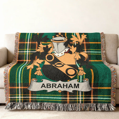 Abraham family name woven cotton blanket in Irish National Tartan with fringed edges